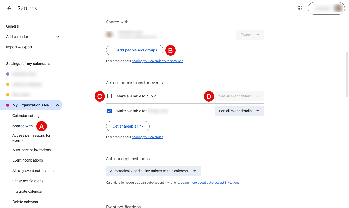 Sharing Settings in Google Calendar