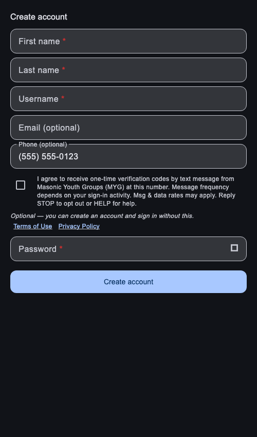 MYG app Create account screen showing the optional phone number field with an unchecked SMS consent checkbox and its full disclosure text.