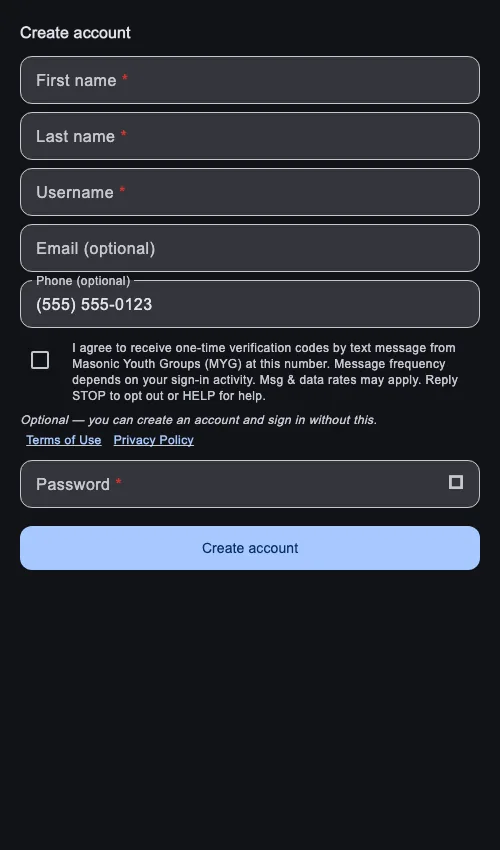 MYG app Create account screen showing the optional phone number field with an unchecked SMS consent checkbox and its full disclosure text.